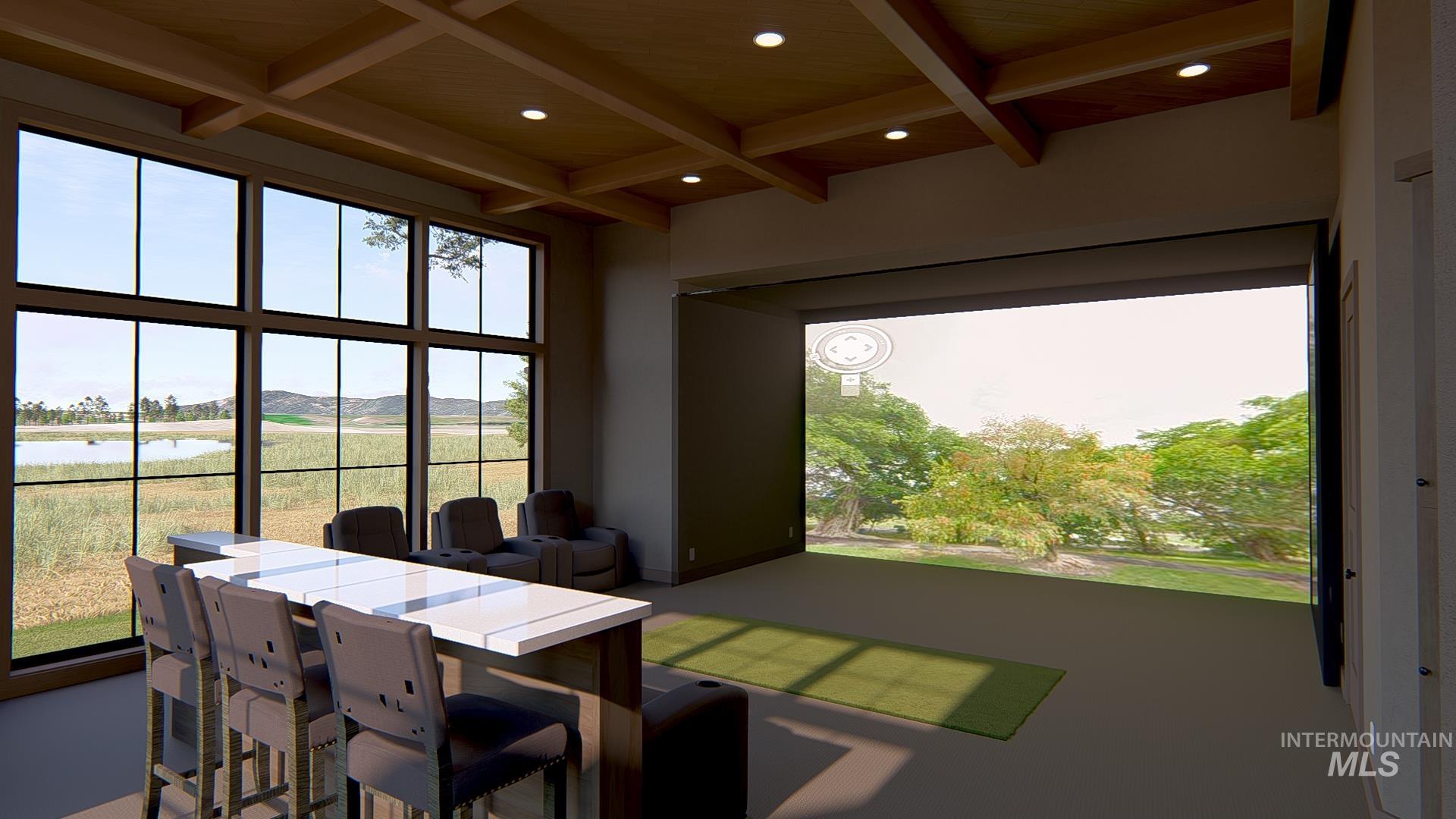Recreation room featuring a water and mountain view, beamed ceiling, coffered ceiling, and recessed lighting