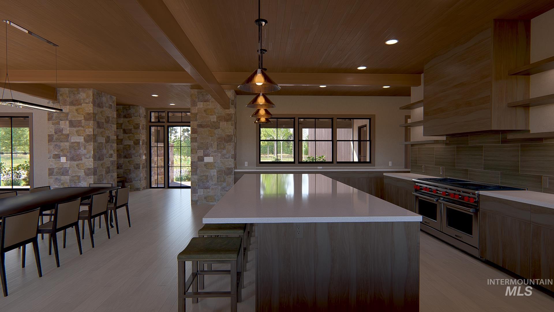 Kitchen with open shelves, modern cabinets, double oven range, beamed ceiling, and light wood-style flooring