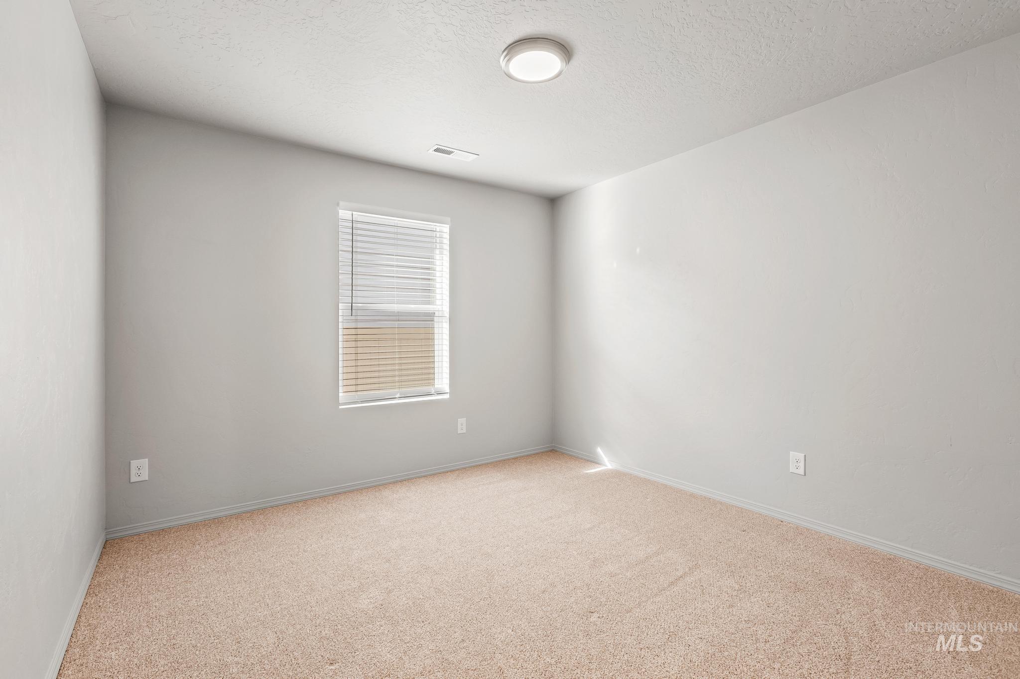 Unfurnished room with light carpet and a textured ceiling