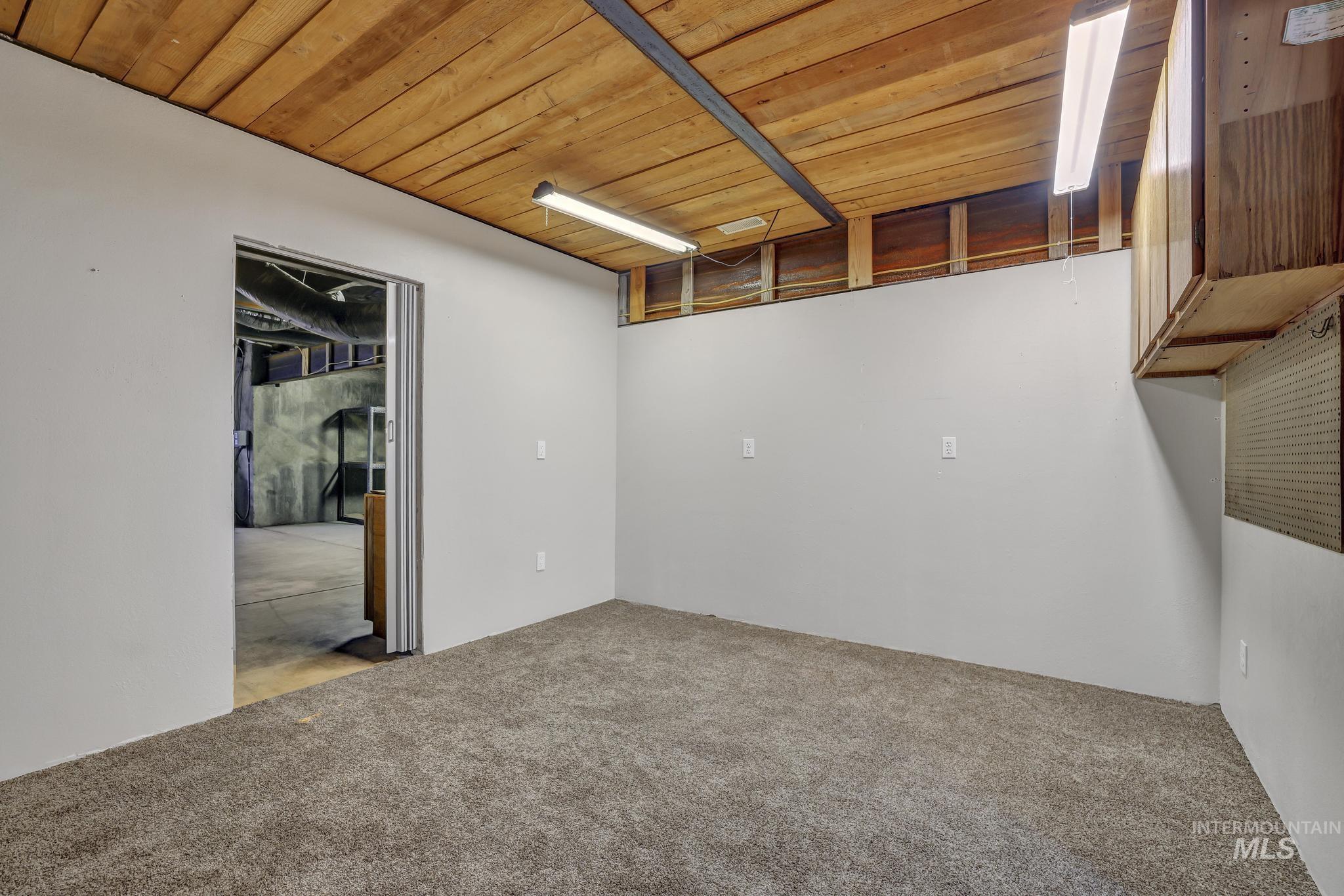 Below grade area featuring wooden ceiling and carpet floors