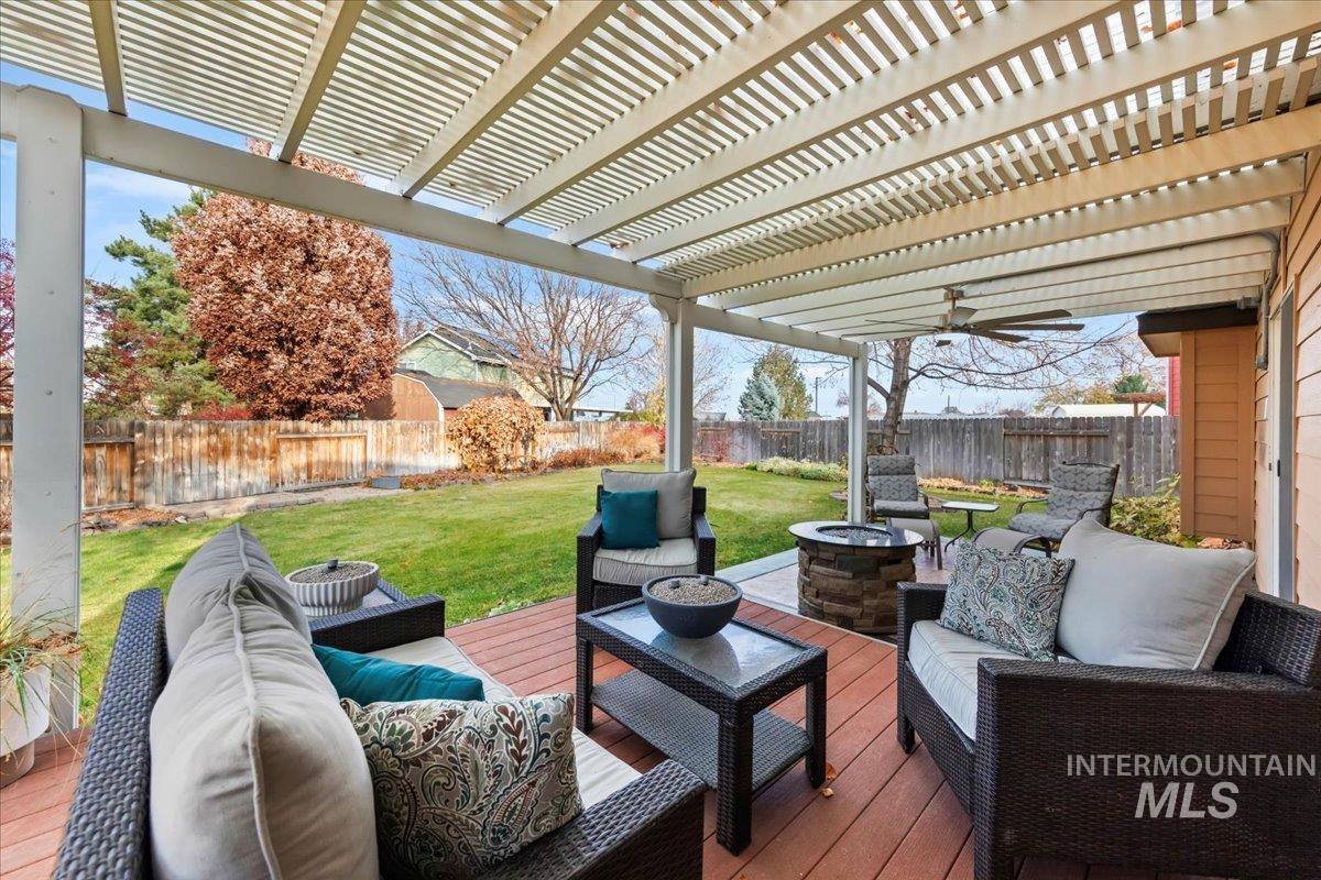 Deck featuring an outdoor living space and a fenced backyard