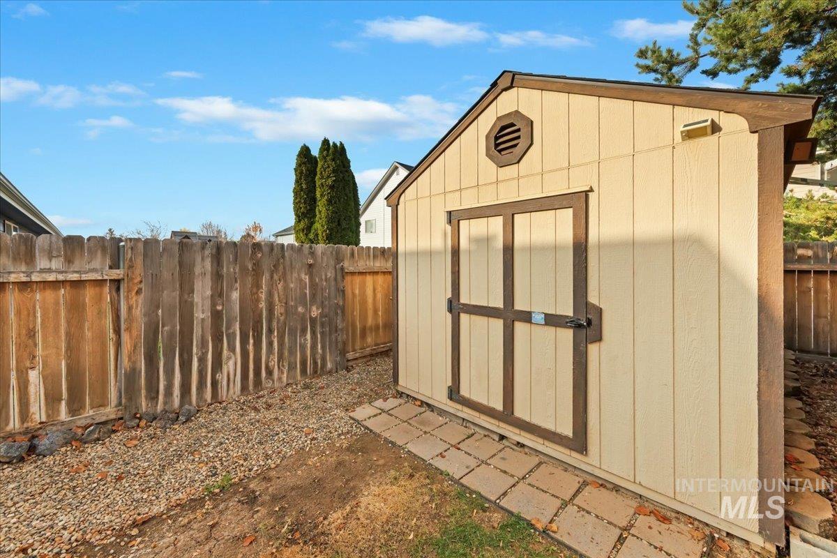 View of shed featuring a fenced backyard