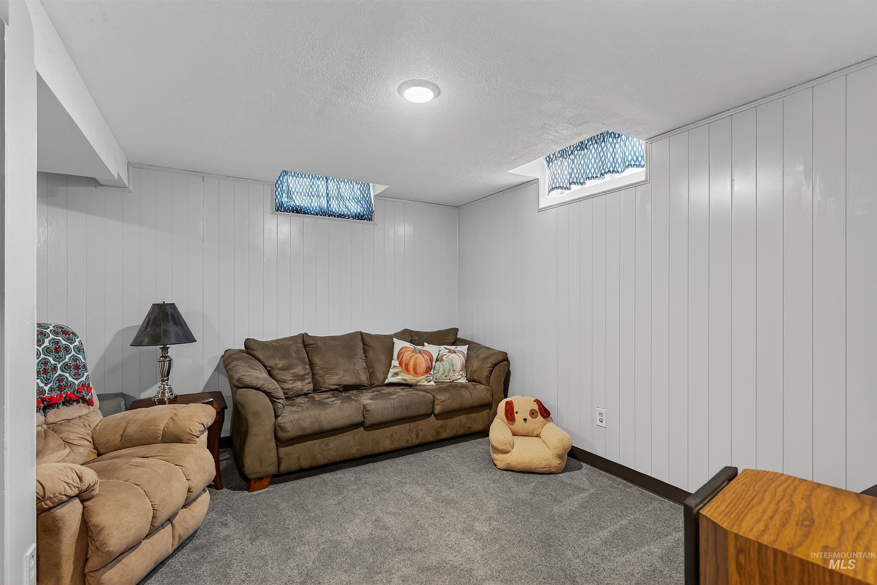 Living room featuring carpet, a textured ceiling, and wooden walls