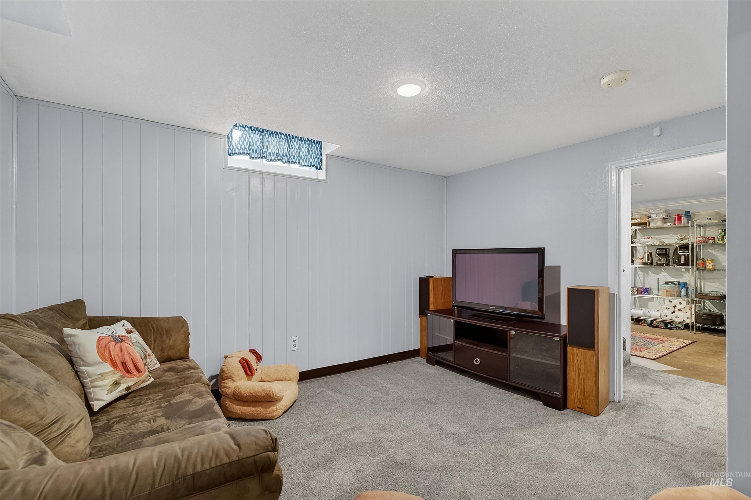 Living room featuring carpet and wood walls