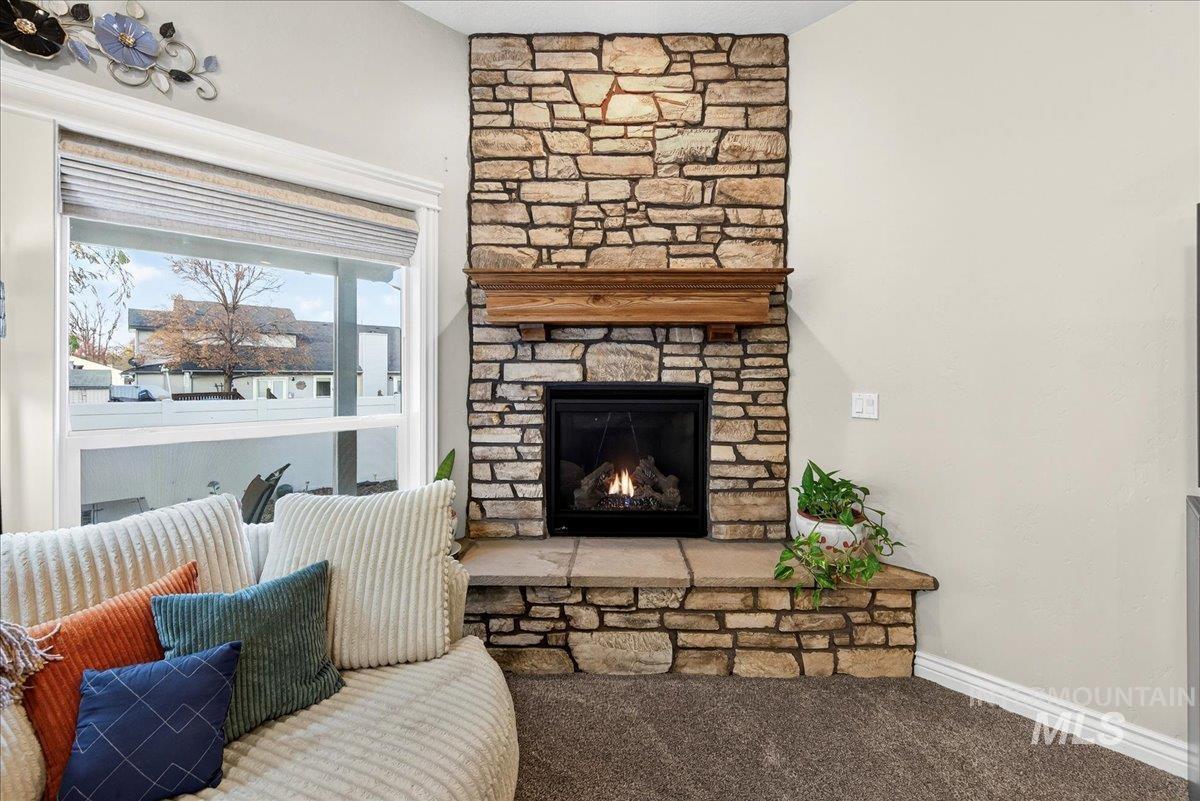 Living room featuring carpet floors and a fireplace
