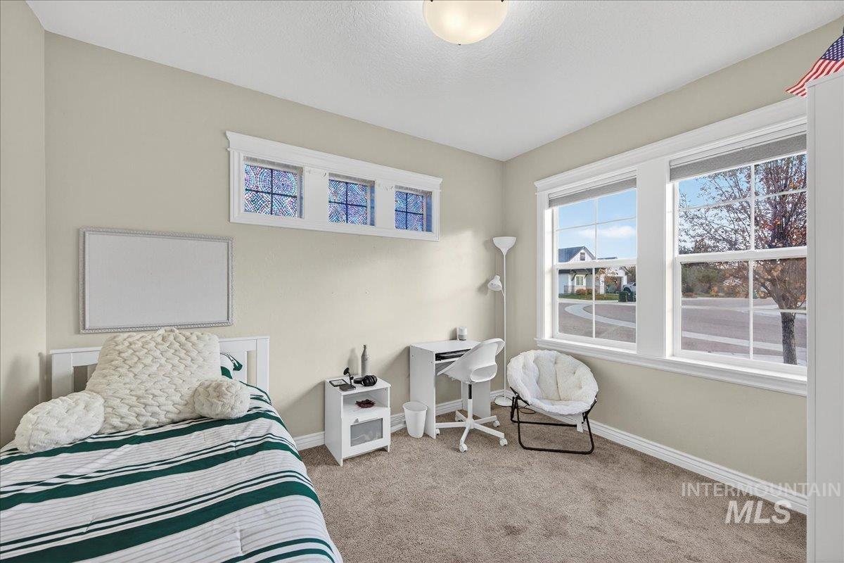 Carpeted den with multiple windows right off the entryway