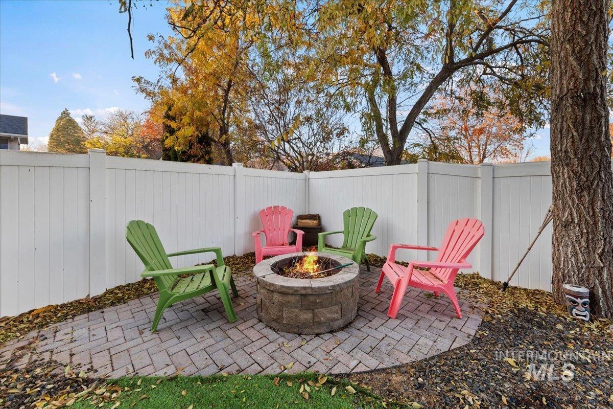 Fenced backyard featuring a patio area and an outdoor fire pit