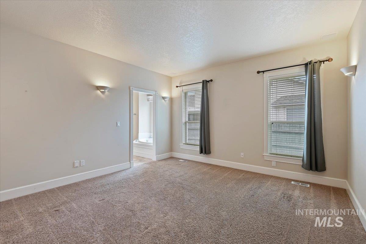 Unfurnished room featuring a textured ceiling, light colored carpet, and healthy amount of natural light