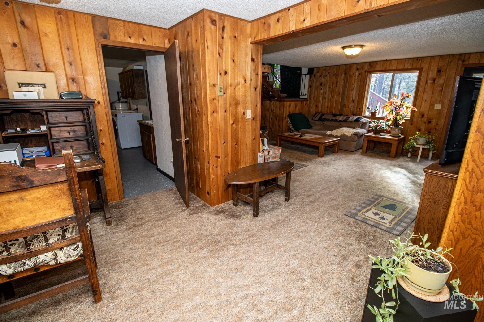 Carpeted living room featuring a textured ceiling, wooden walls, and washer / clothes dryer