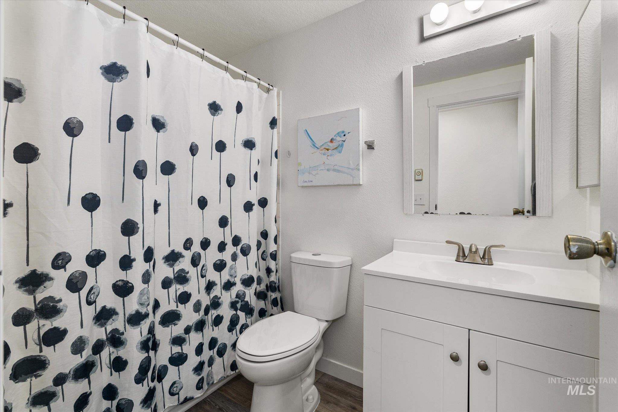 Full bath with vanity, a shower with curtain, dark wood-style floors, and a textured wall