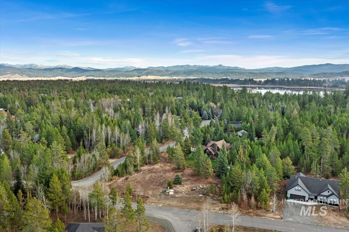 Bird's eye view of a heavily wooded area and a water and mountain view