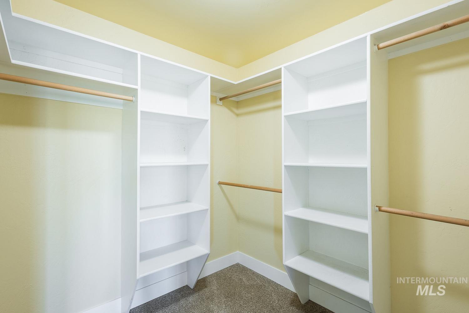 Walk in closet featuring dark colored carpet