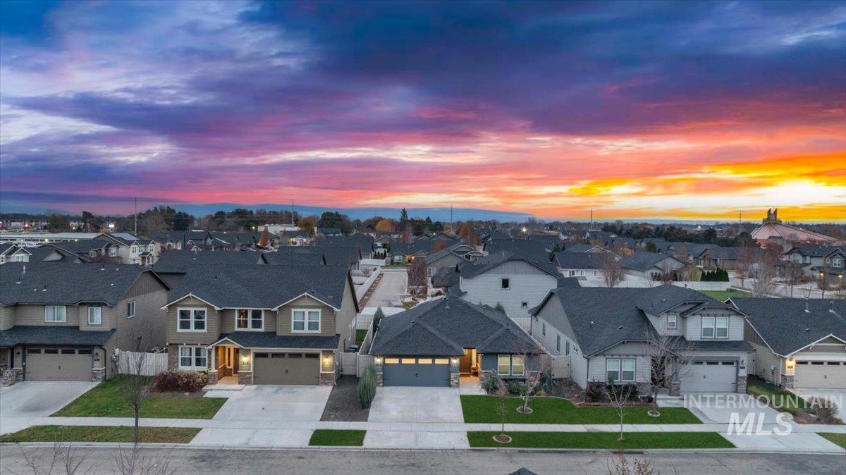 Aerial view at dusk of a residential view