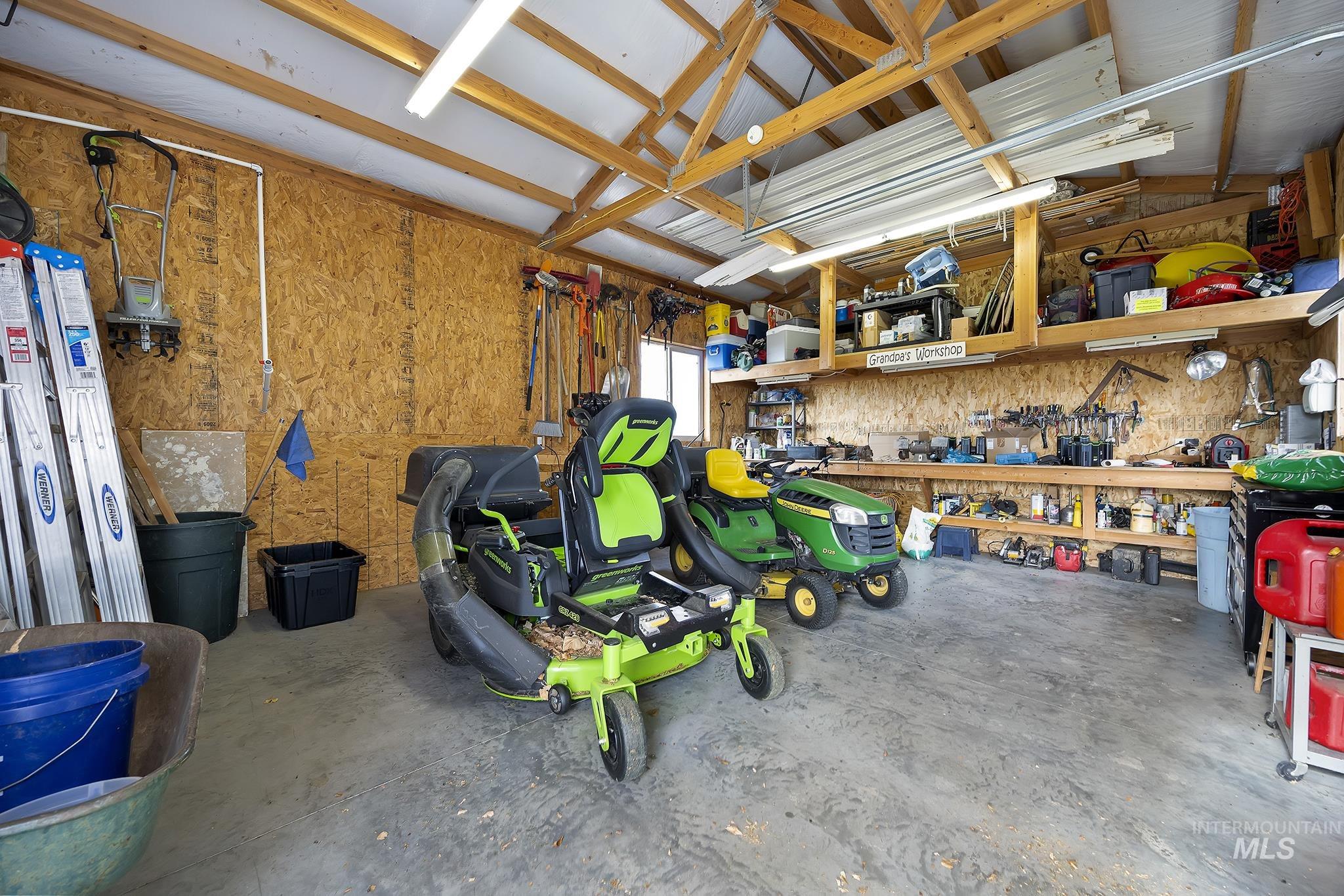 Garage with a workshop area