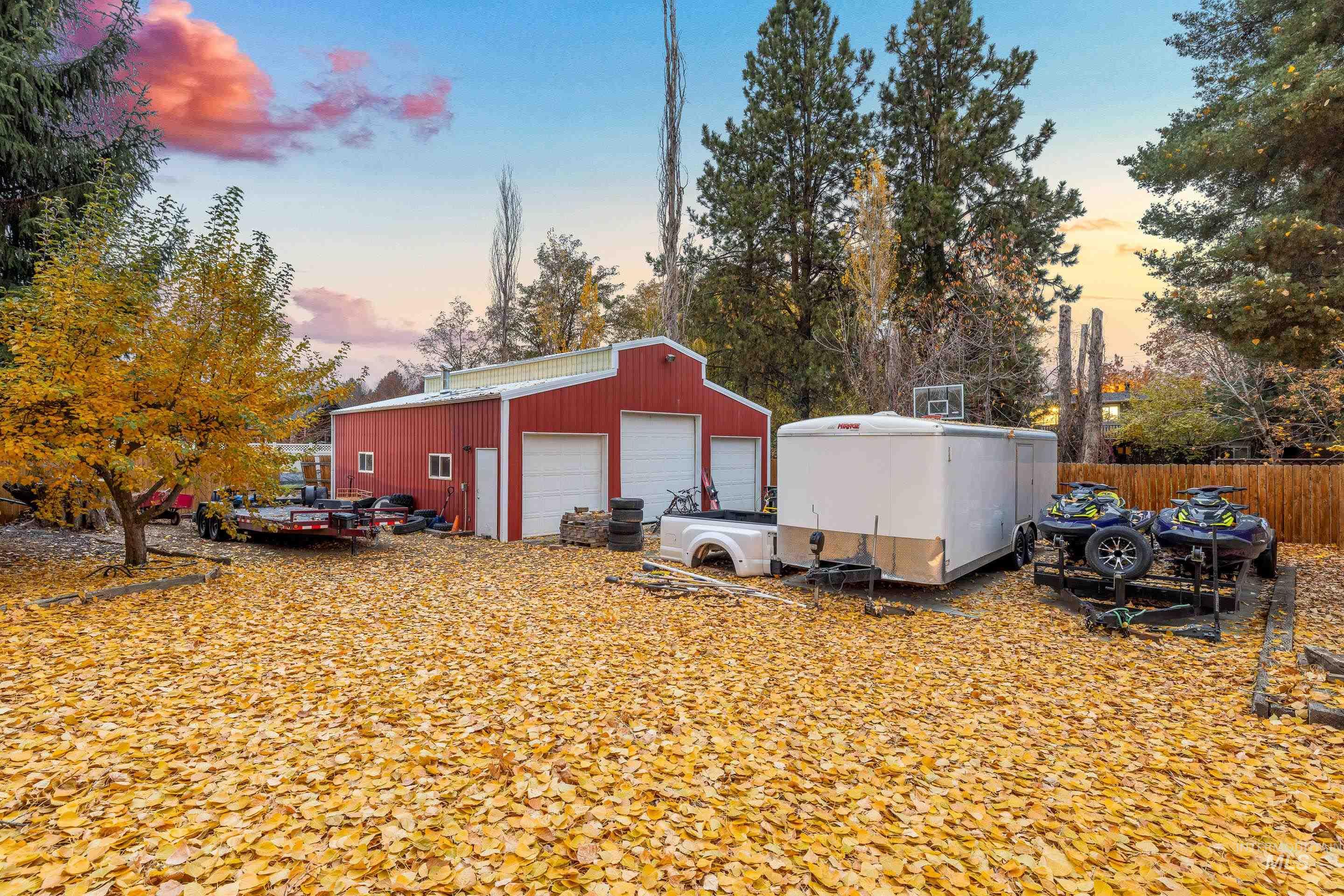Garage at dusk with shop