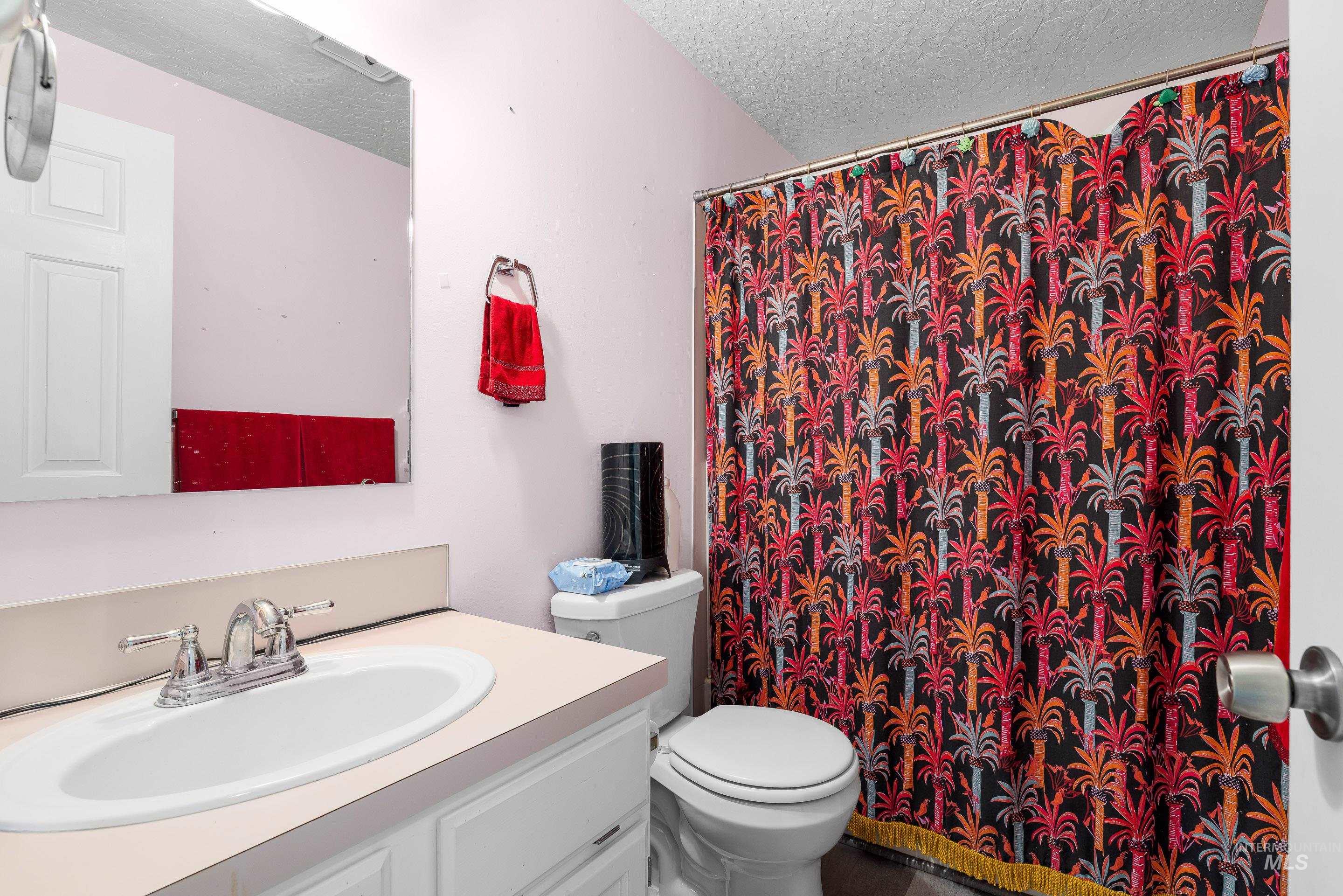 Full bathroom with vanity, a textured ceiling, and curtained shower