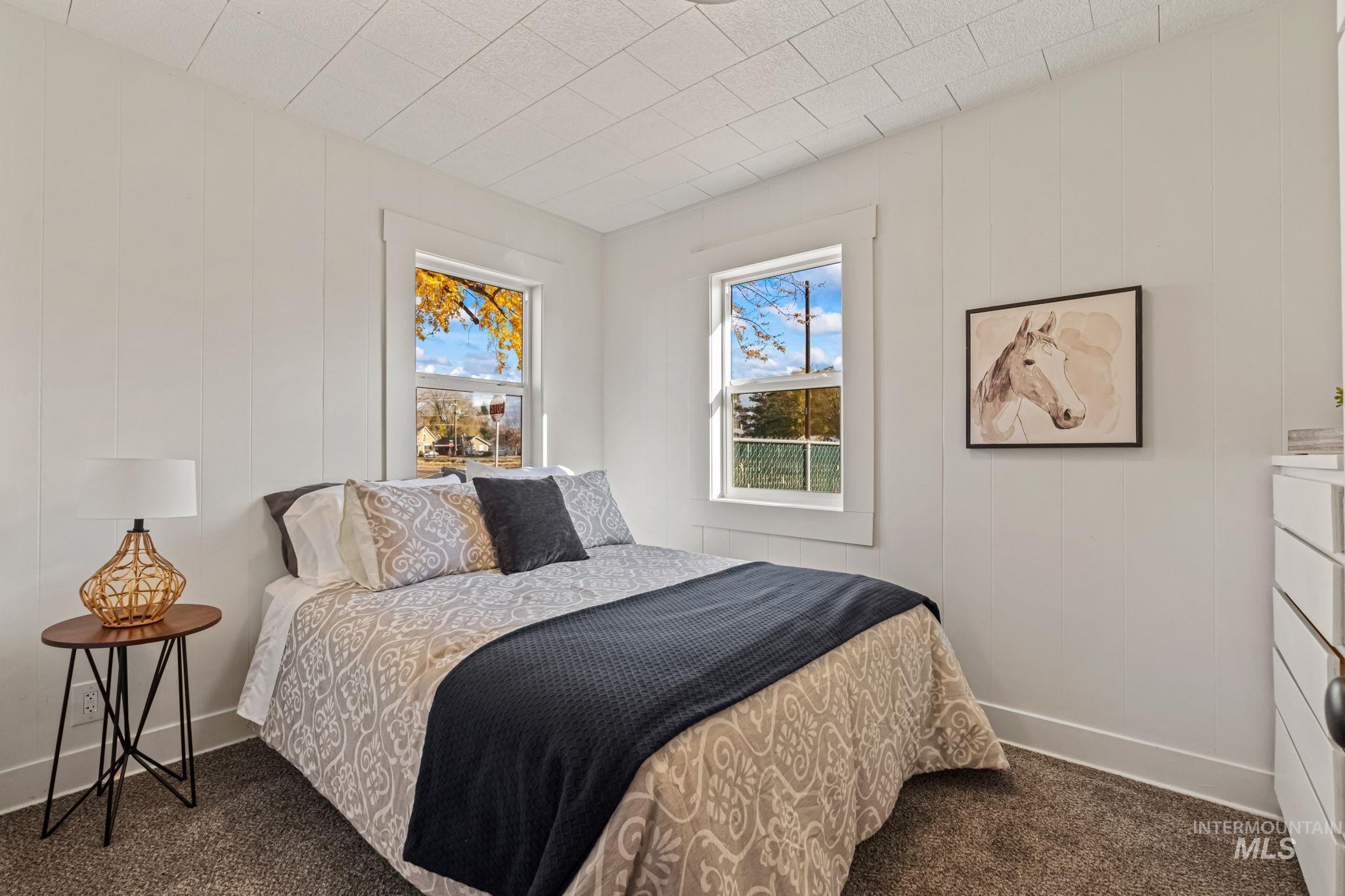 Bedroom with dark carpet