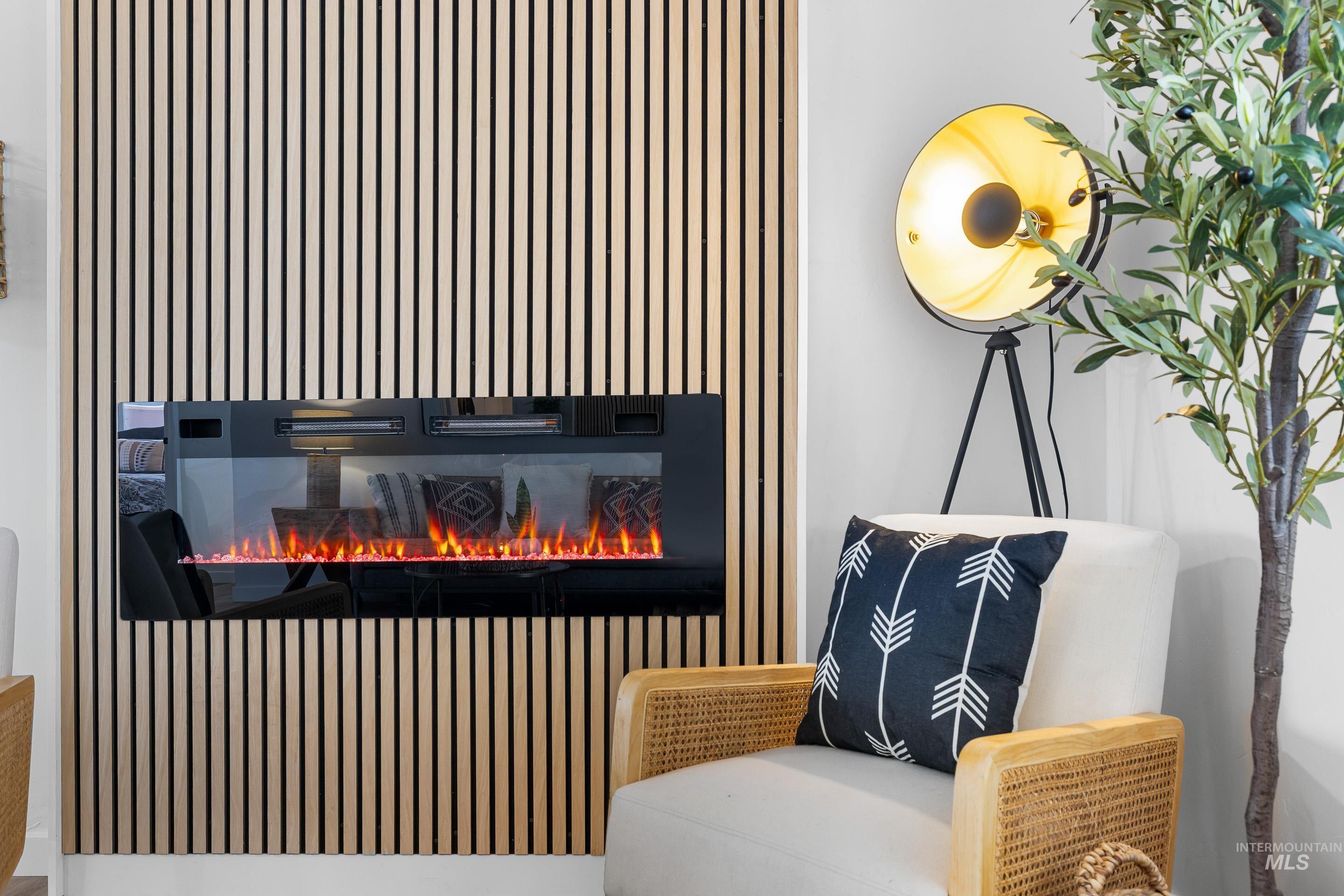 Detailed view of a warm lit fireplace