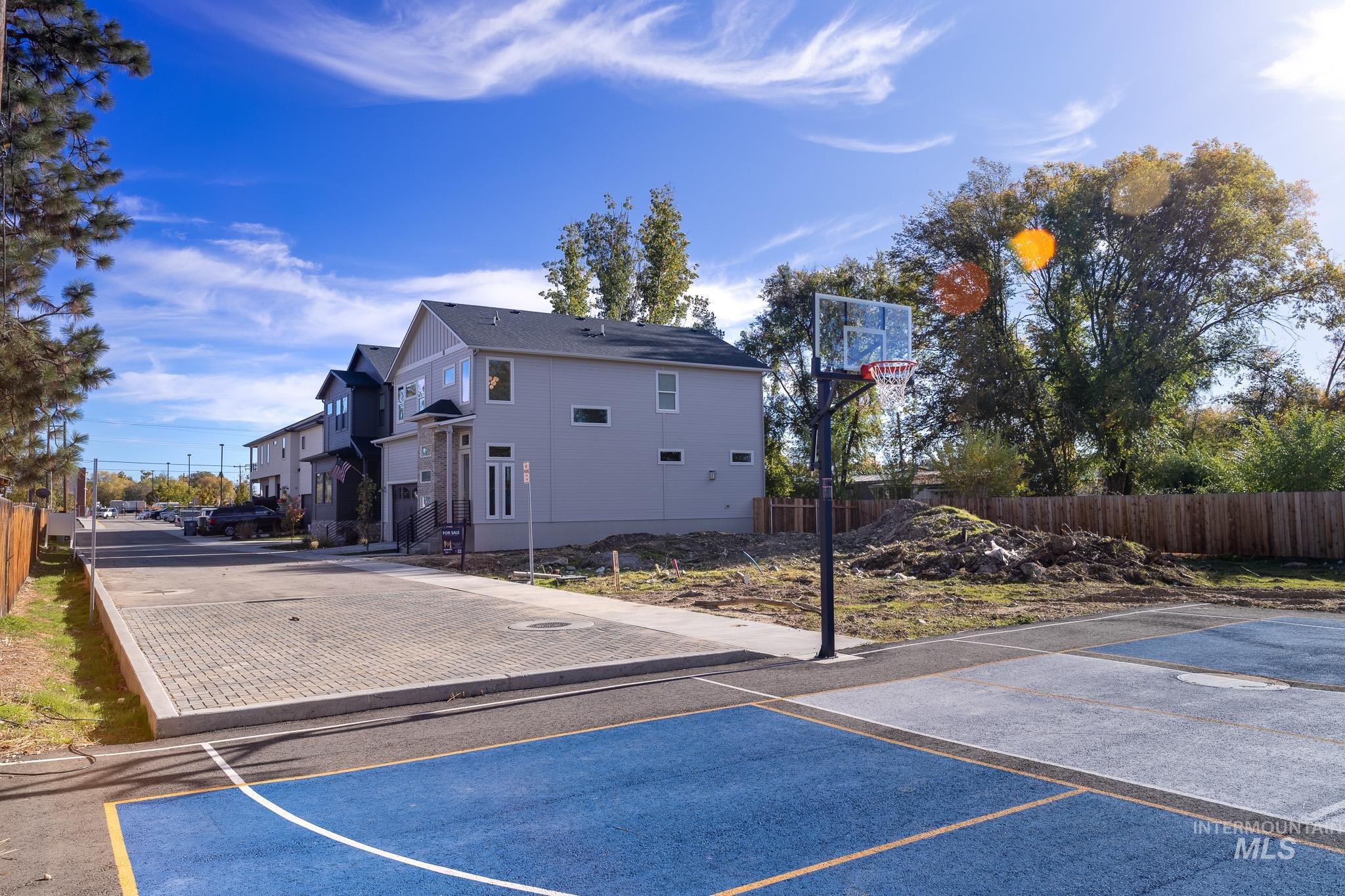 View of basketball court with basketball hoop