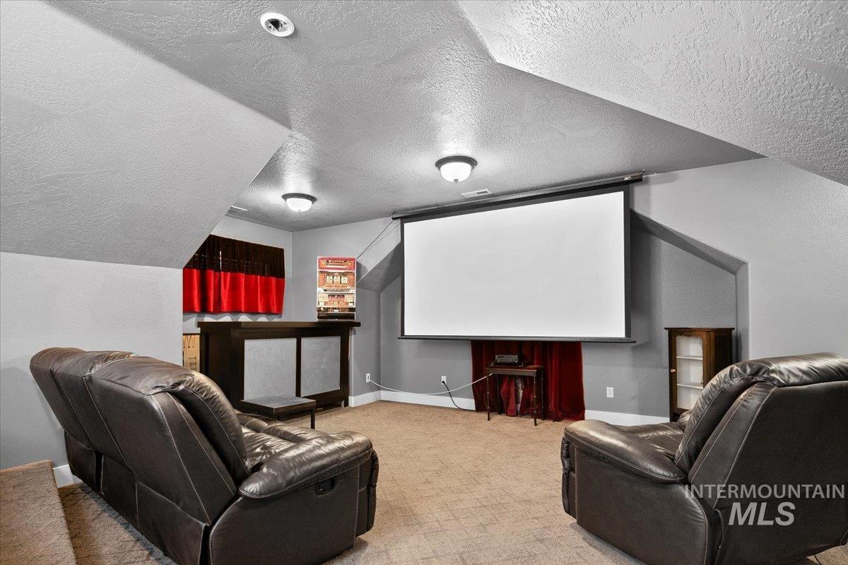 Home theater room with a textured ceiling and light colored carpet