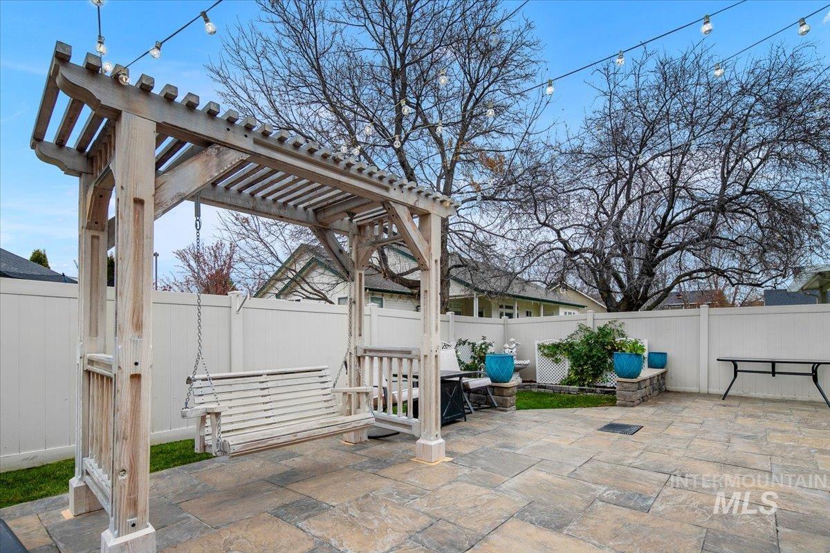 Fenced backyard featuring a patio and a pergola