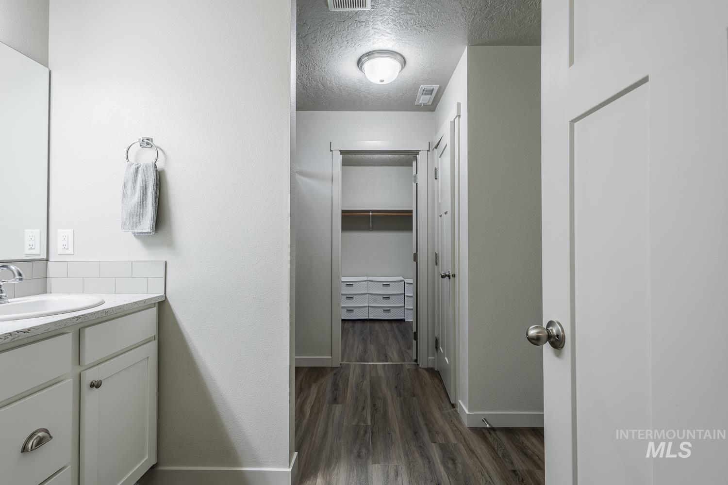 Bathroom featuring vanity, a textured ceiling, a walk in closet, and dark wood-type flooring