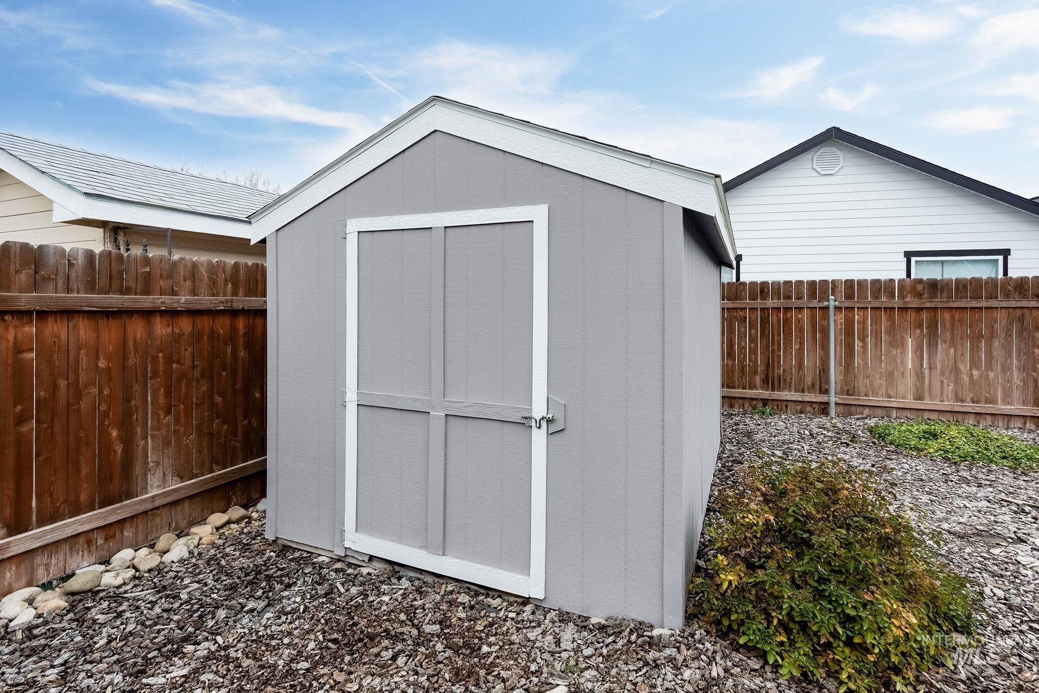 View of shed featuring a fenced backyard