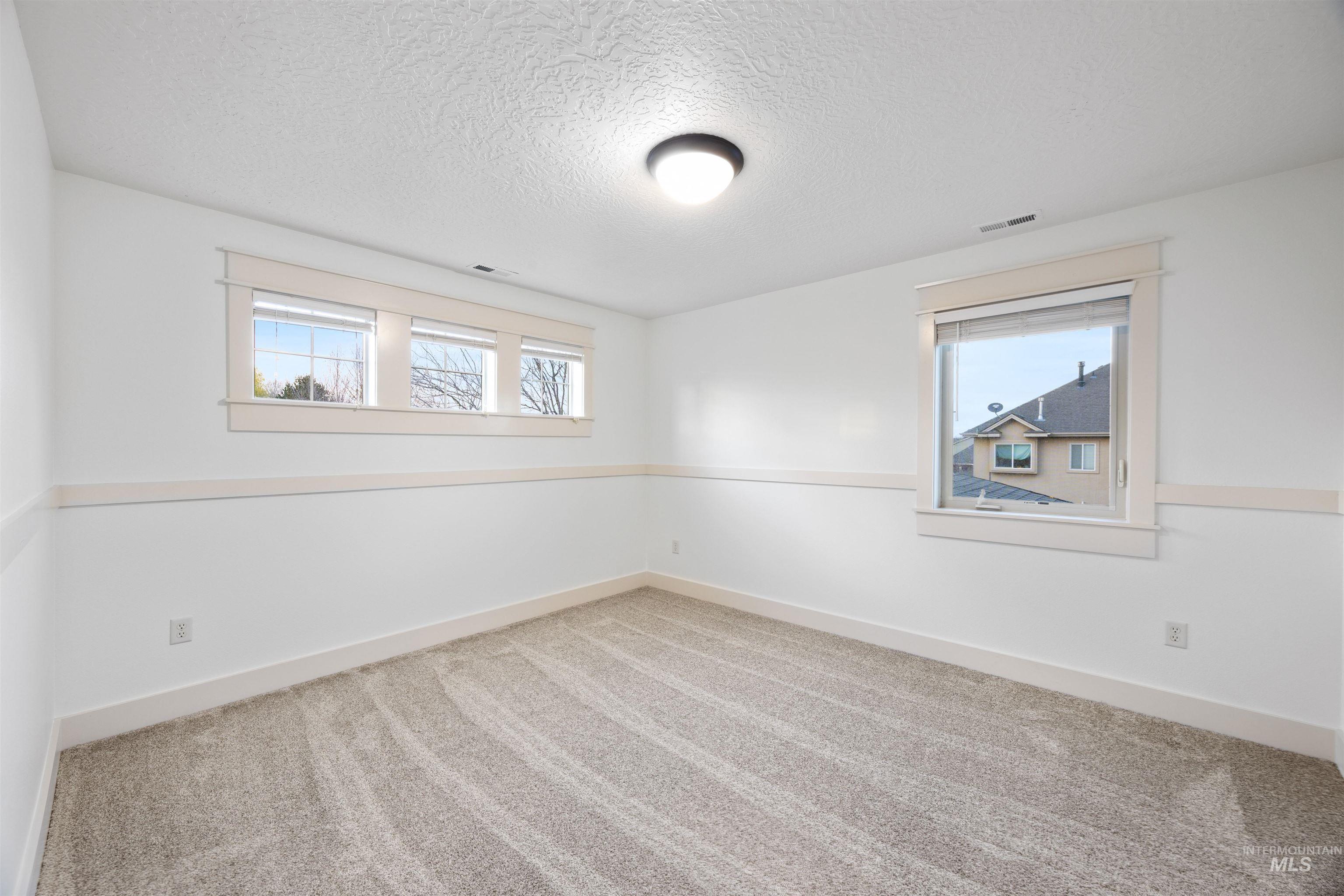 Empty room with carpet, a textured ceiling, and plenty of natural light