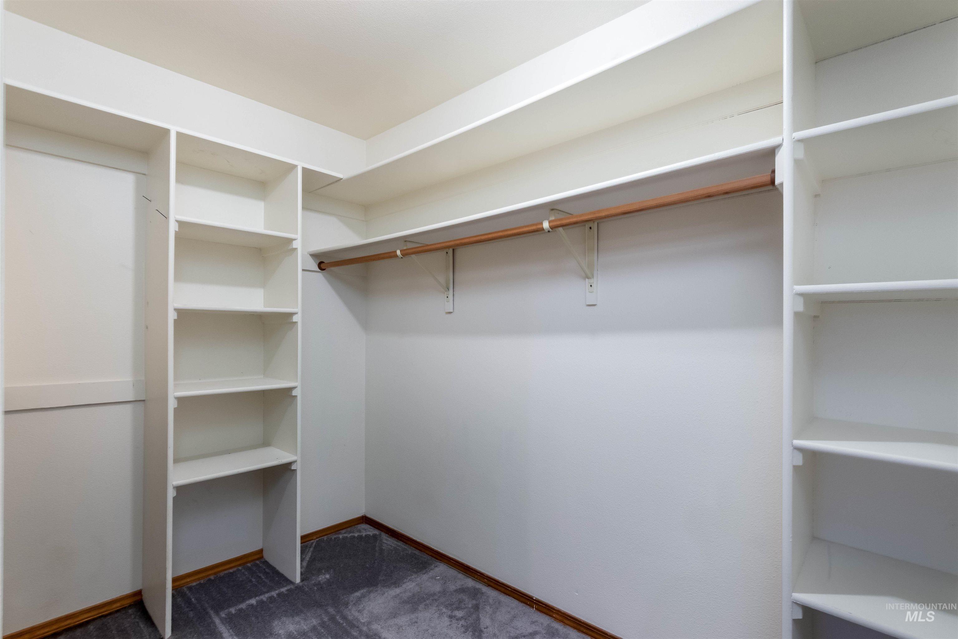 Walk in closet with dark carpet
