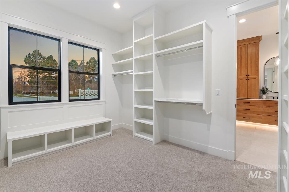 Walk in closet with light colored carpet