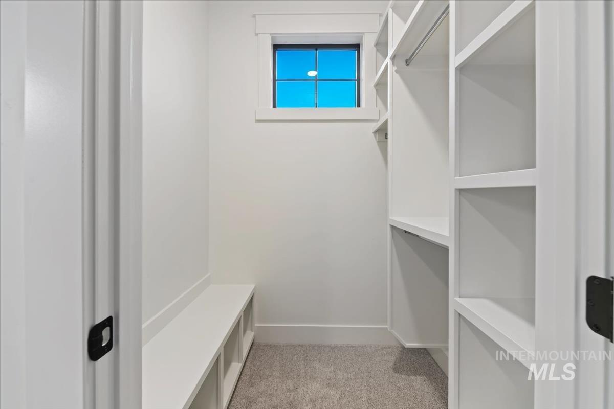 Walk in closet featuring light colored carpet