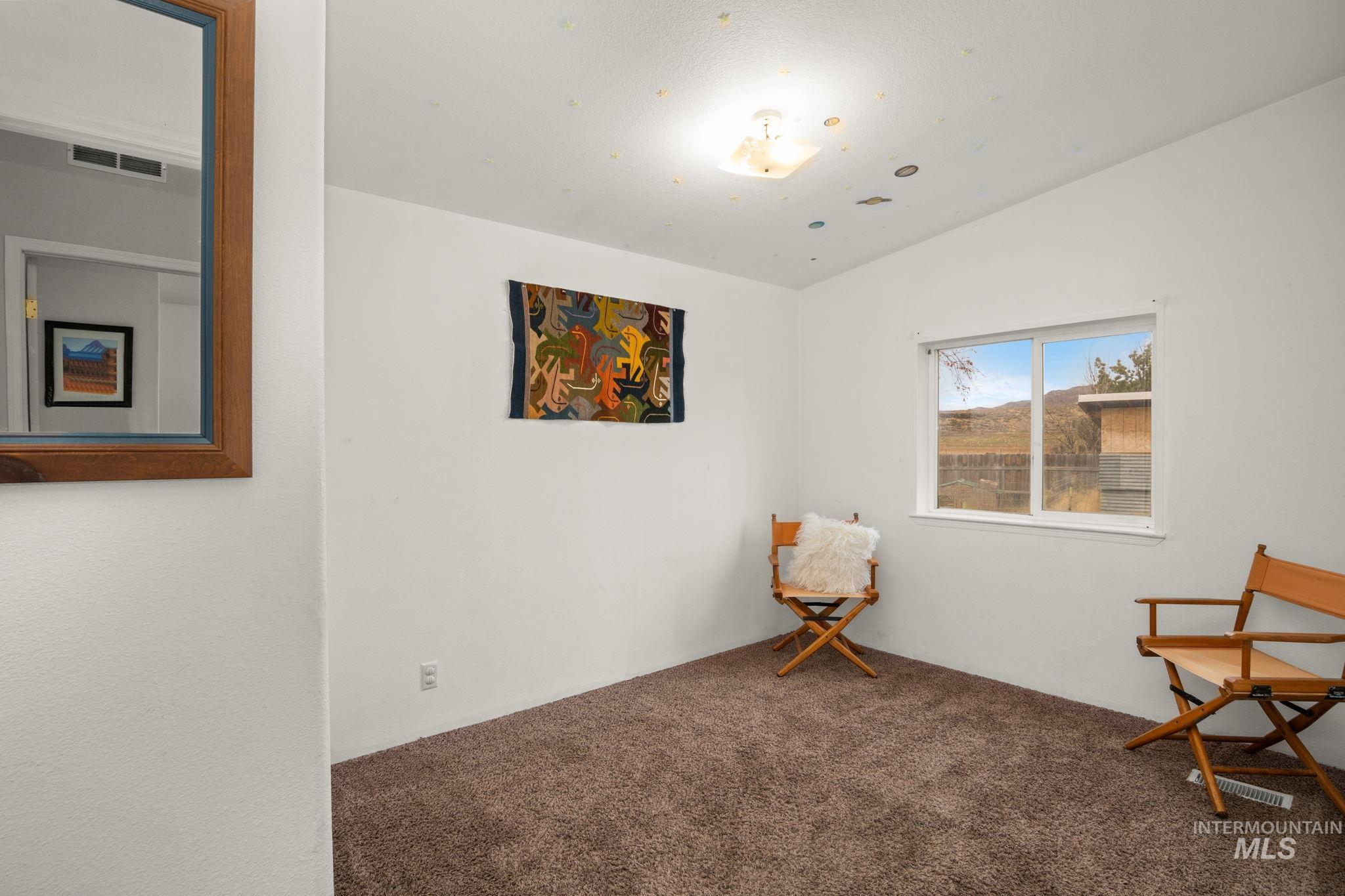 Sitting room with carpet and vaulted ceiling