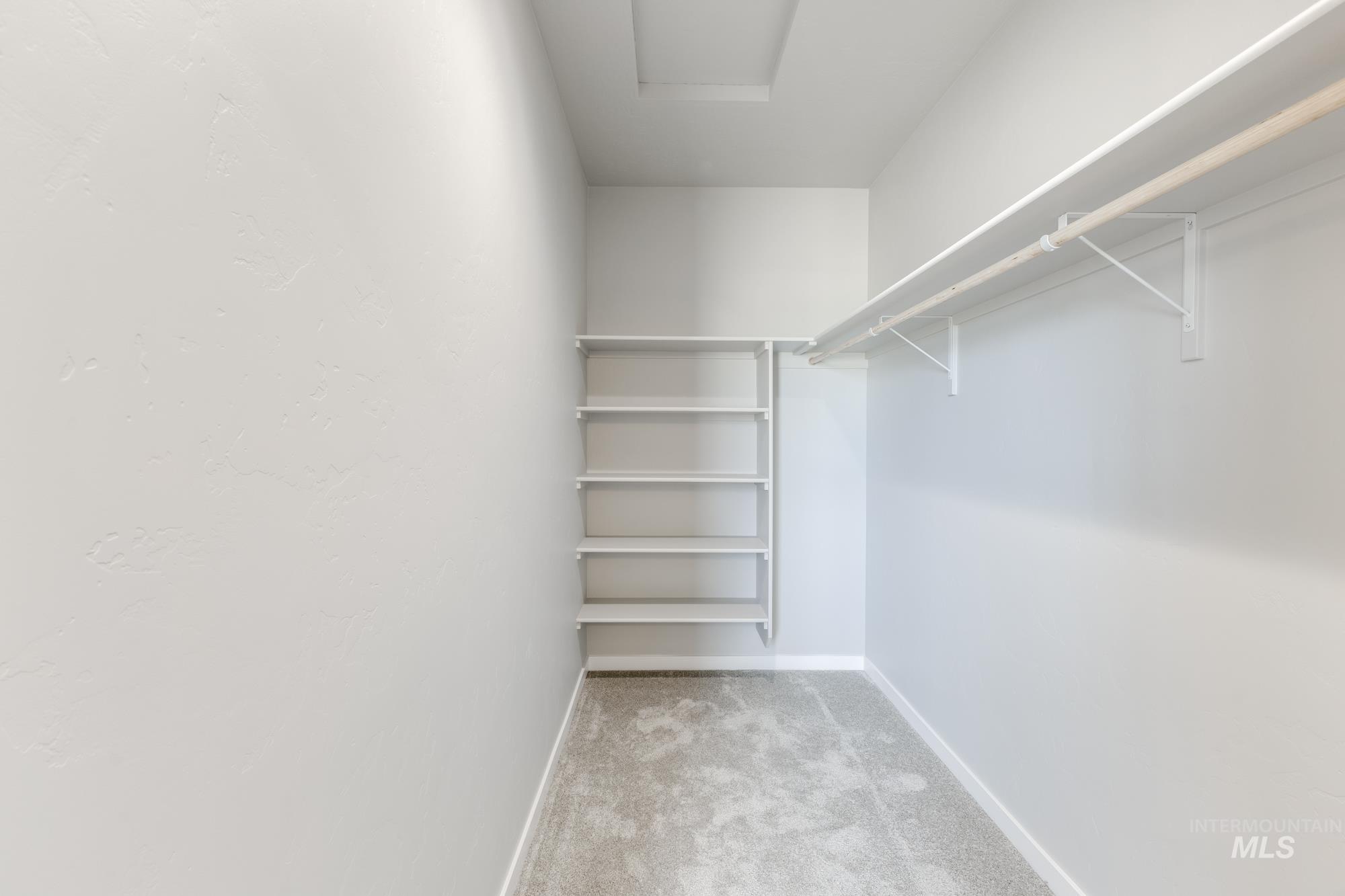 Spacious closet with light colored carpet