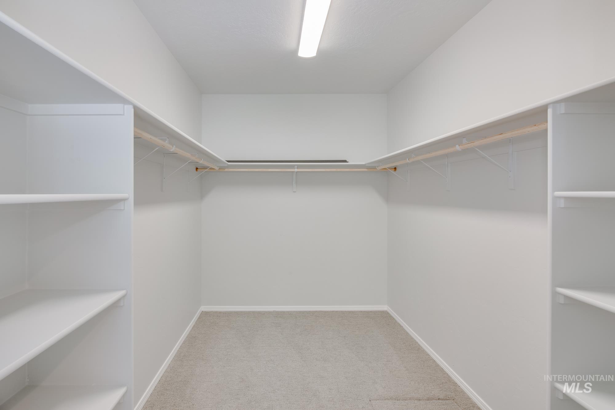 Walk in closet with light carpet