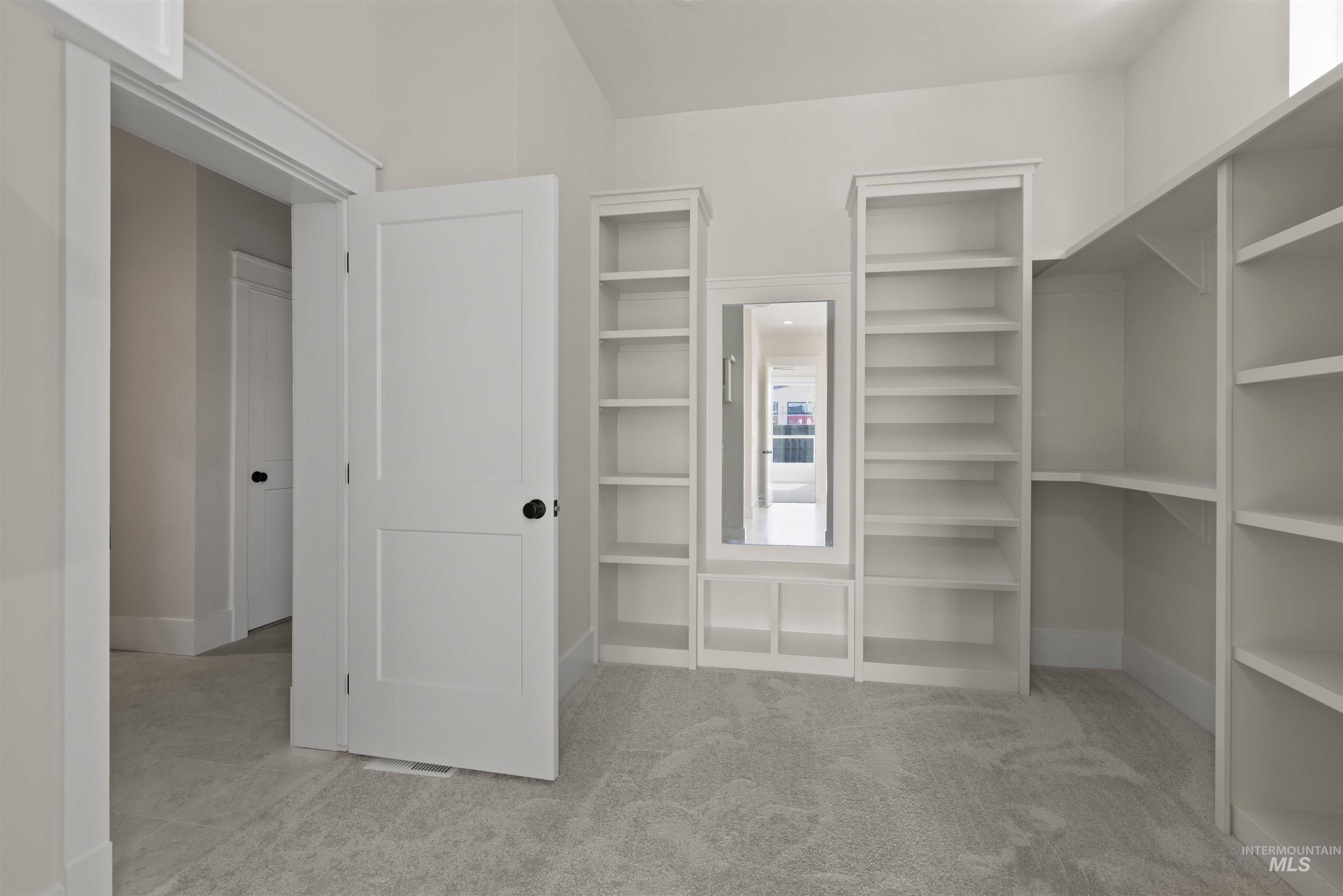 Walk in closet with carpet floors