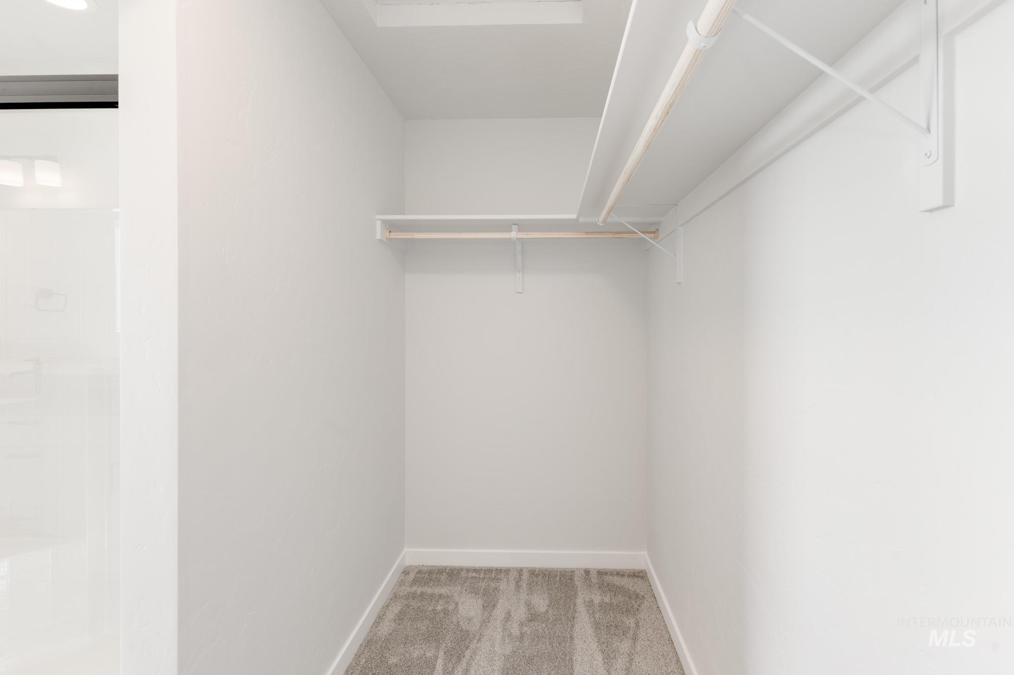 Walk in closet featuring light carpet