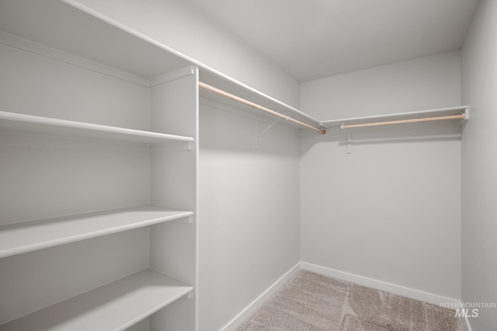 Spacious closet featuring light colored carpet