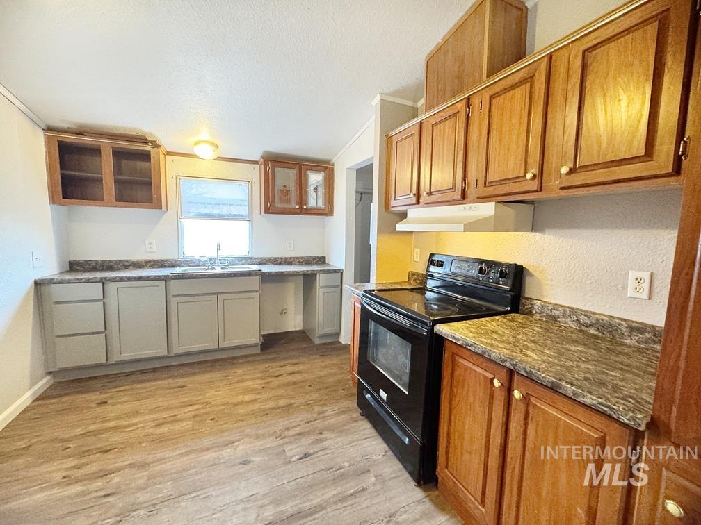 Kitchen with black electric range, light wood-type flooring, dark countertops, brown cabinets, and a textured ceiling