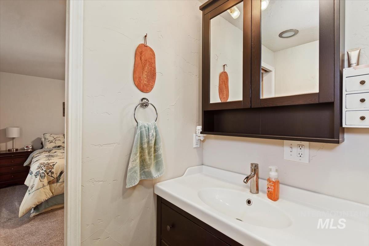 Ensuite bathroom with vanity and carpet