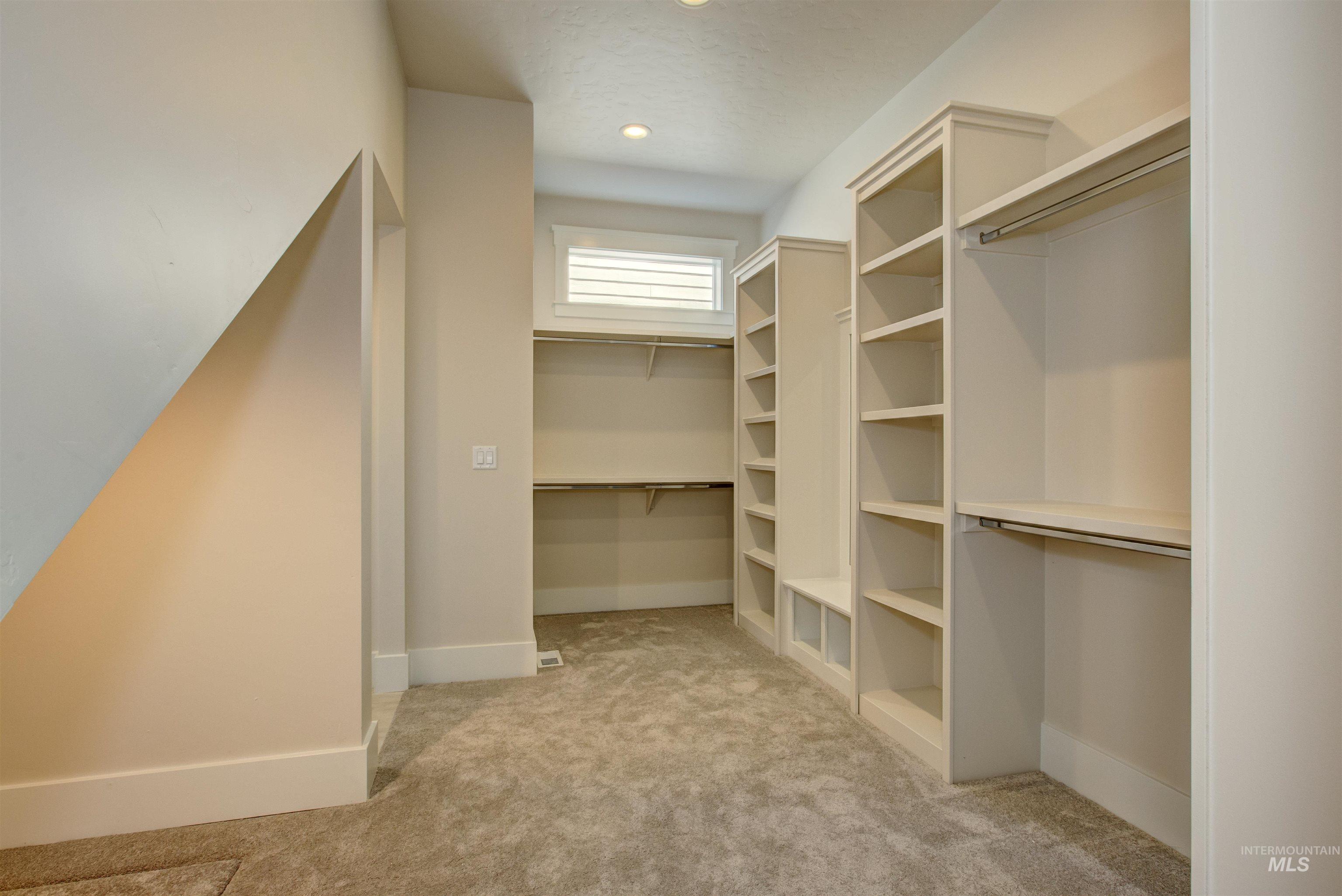 Walk in closet with carpet flooring