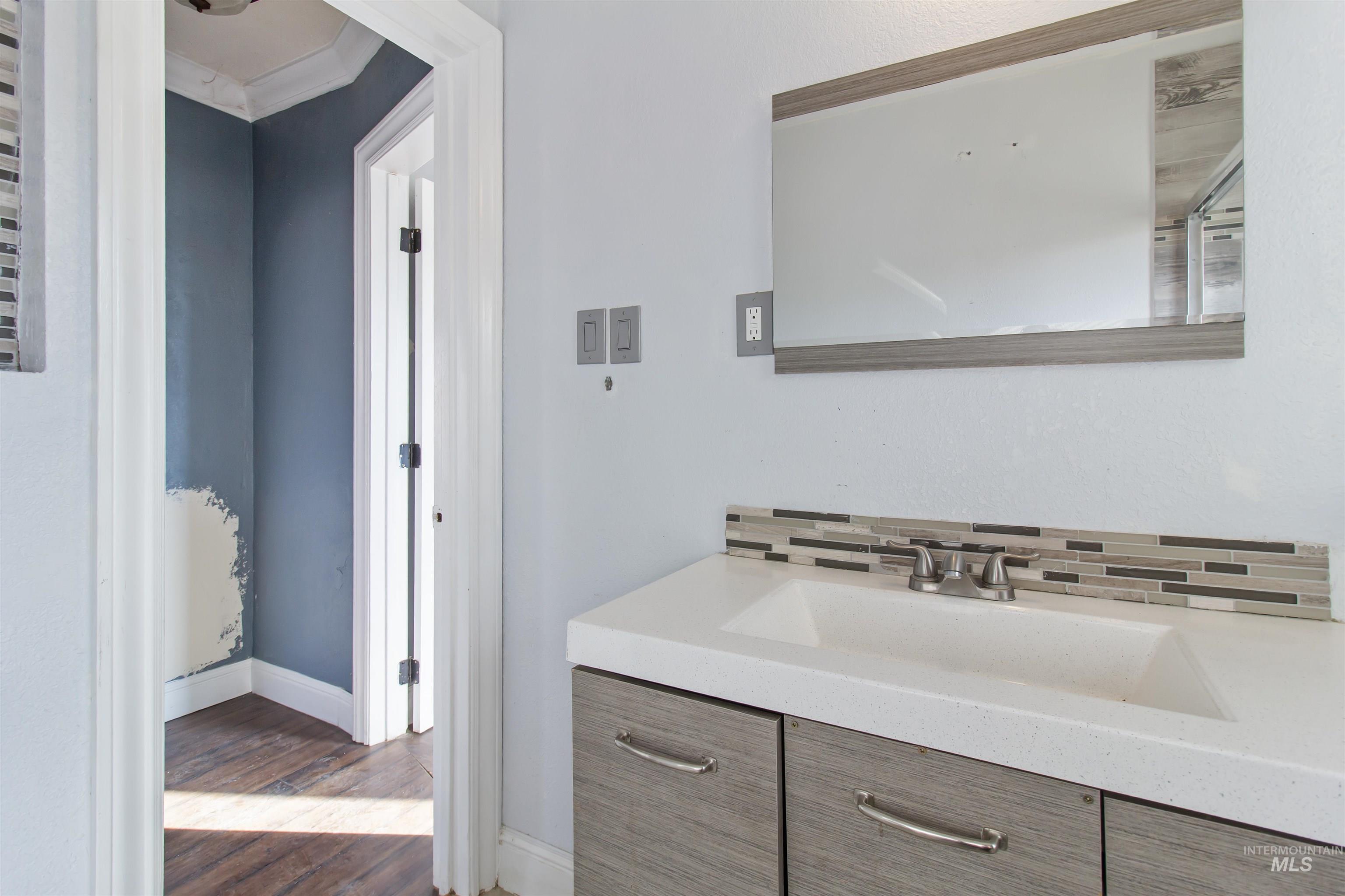 Bathroom featuring decorative backsplash, vanity, crown molding, and wood finished floors