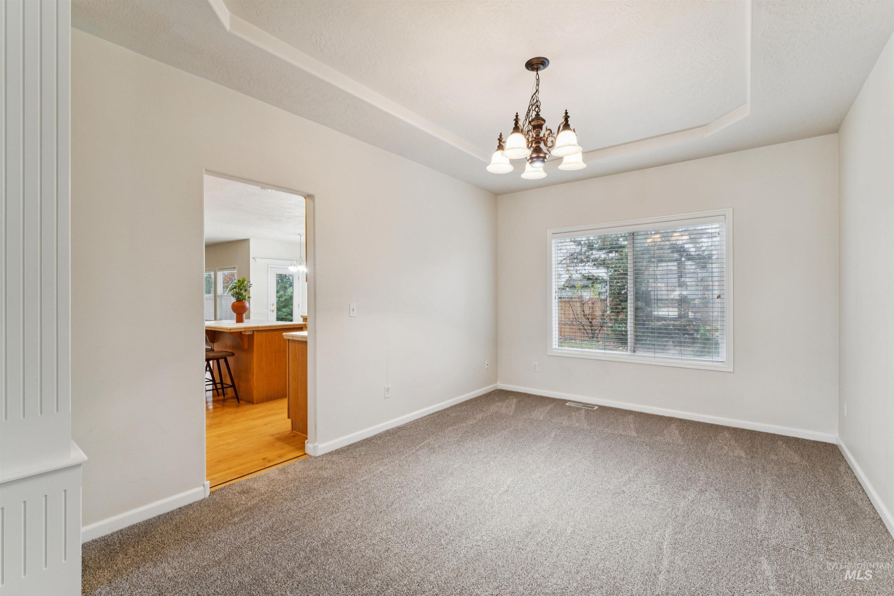 Unfurnished room with a raised ceiling, light colored carpet, a chandelier, and healthy amount of natural light
