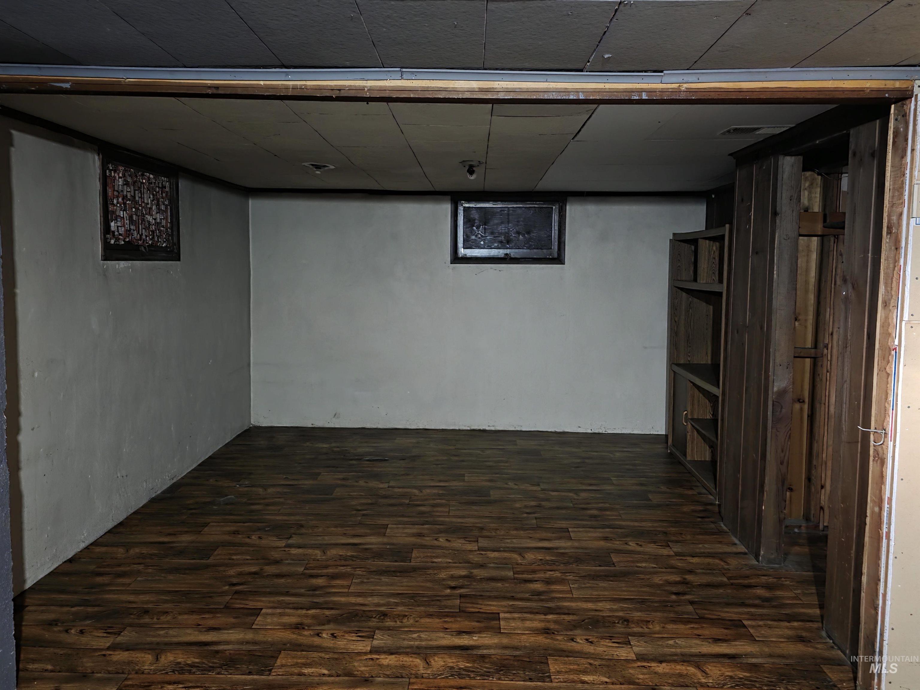 Finished below grade area featuring dark wood-style flooring