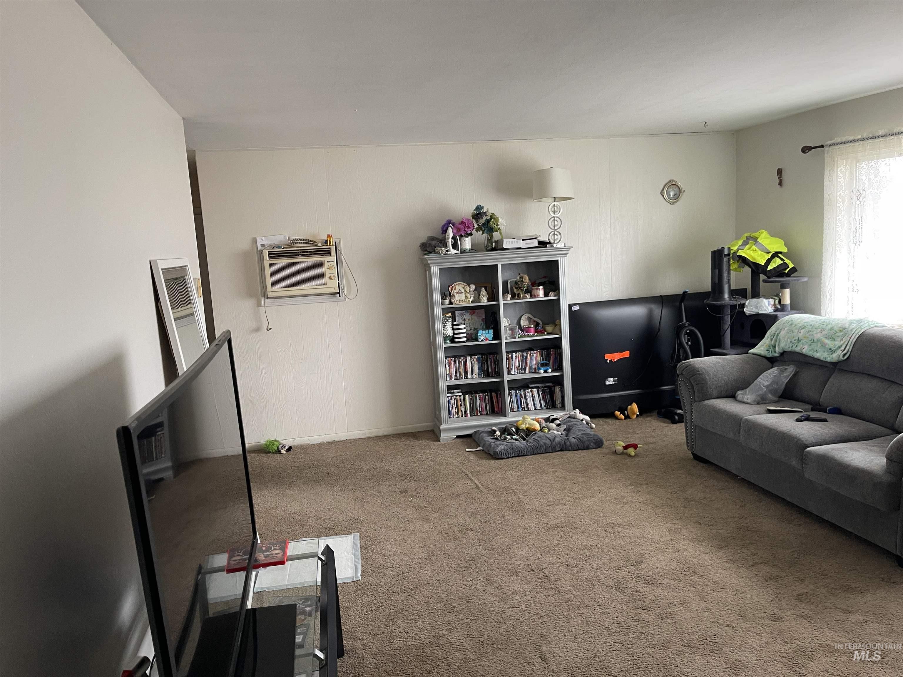 Living area with carpet and a wall mounted AC
