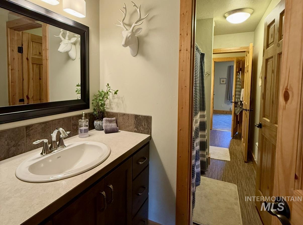 Bathroom featuring vanity and dark wood-style flooring