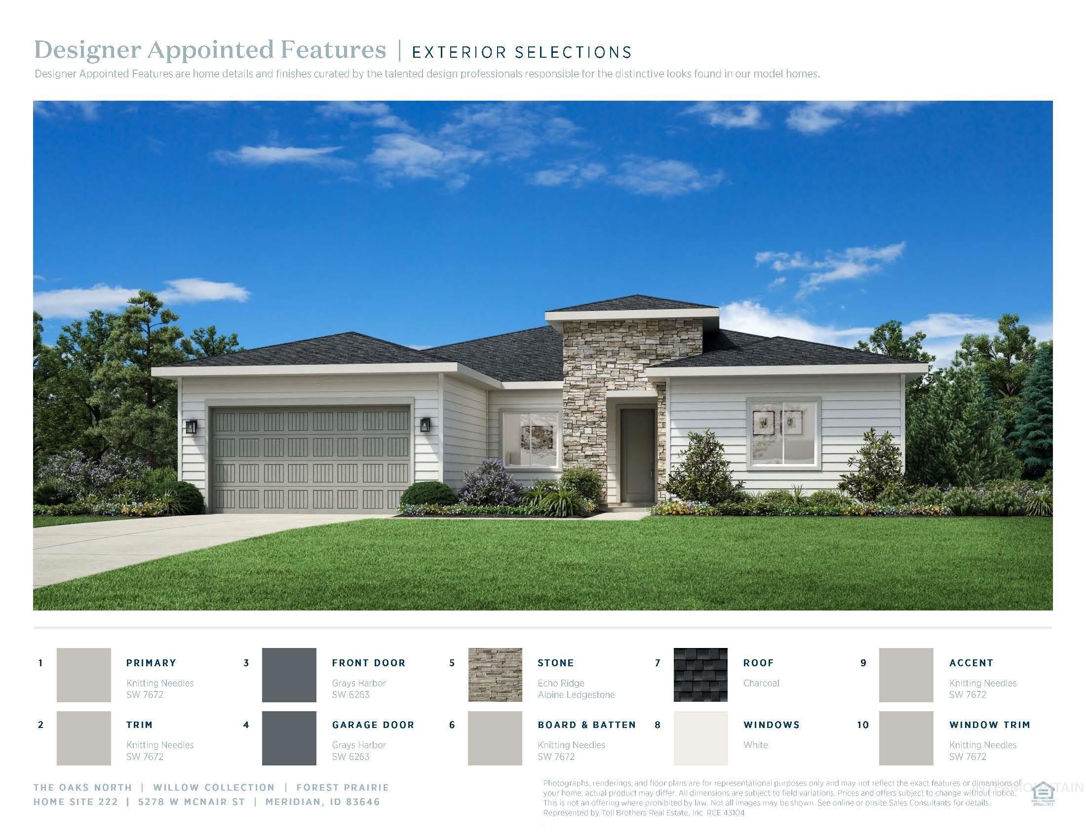 View of front of property with an attached garage, a front lawn, stone siding, and driveway