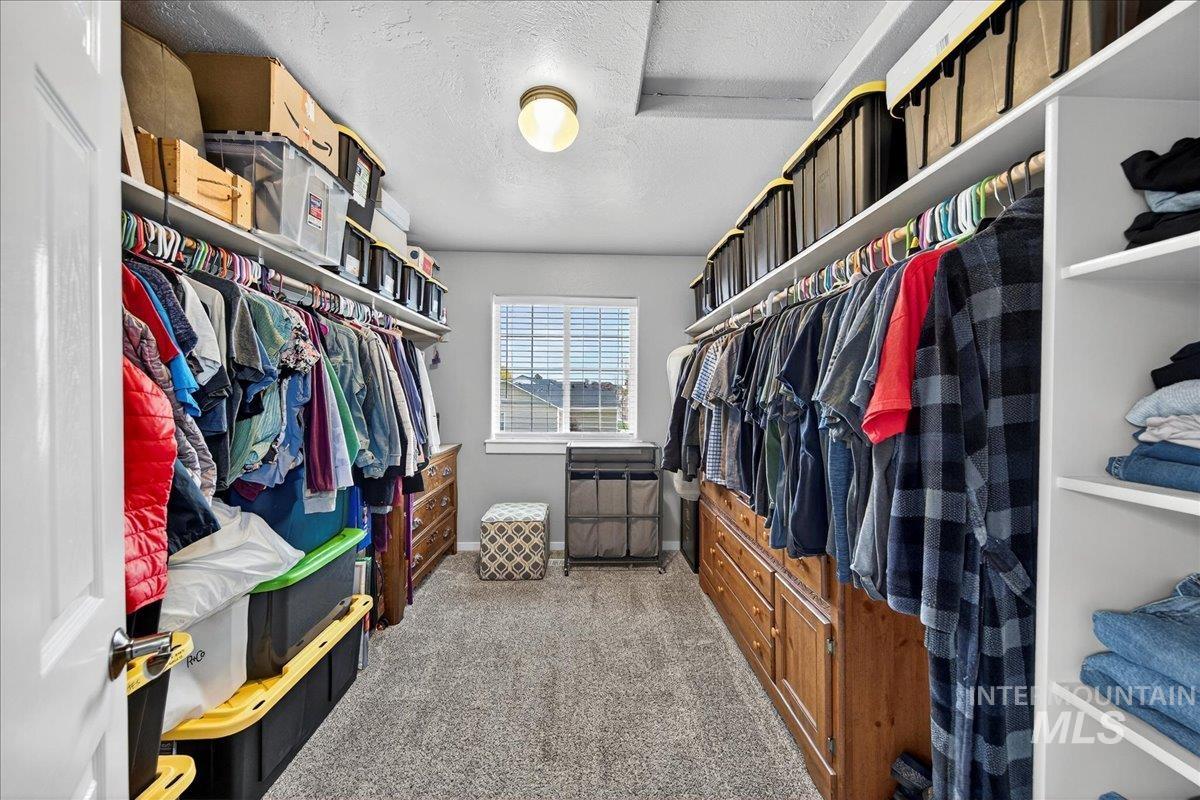 Spacious closet featuring light colored carpet