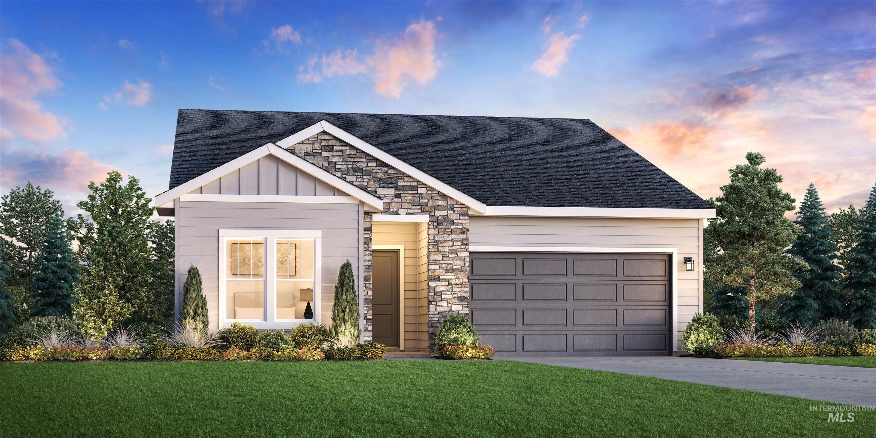 View of front of property featuring stone siding, roof with shingles, board and batten siding, a front yard, and driveway