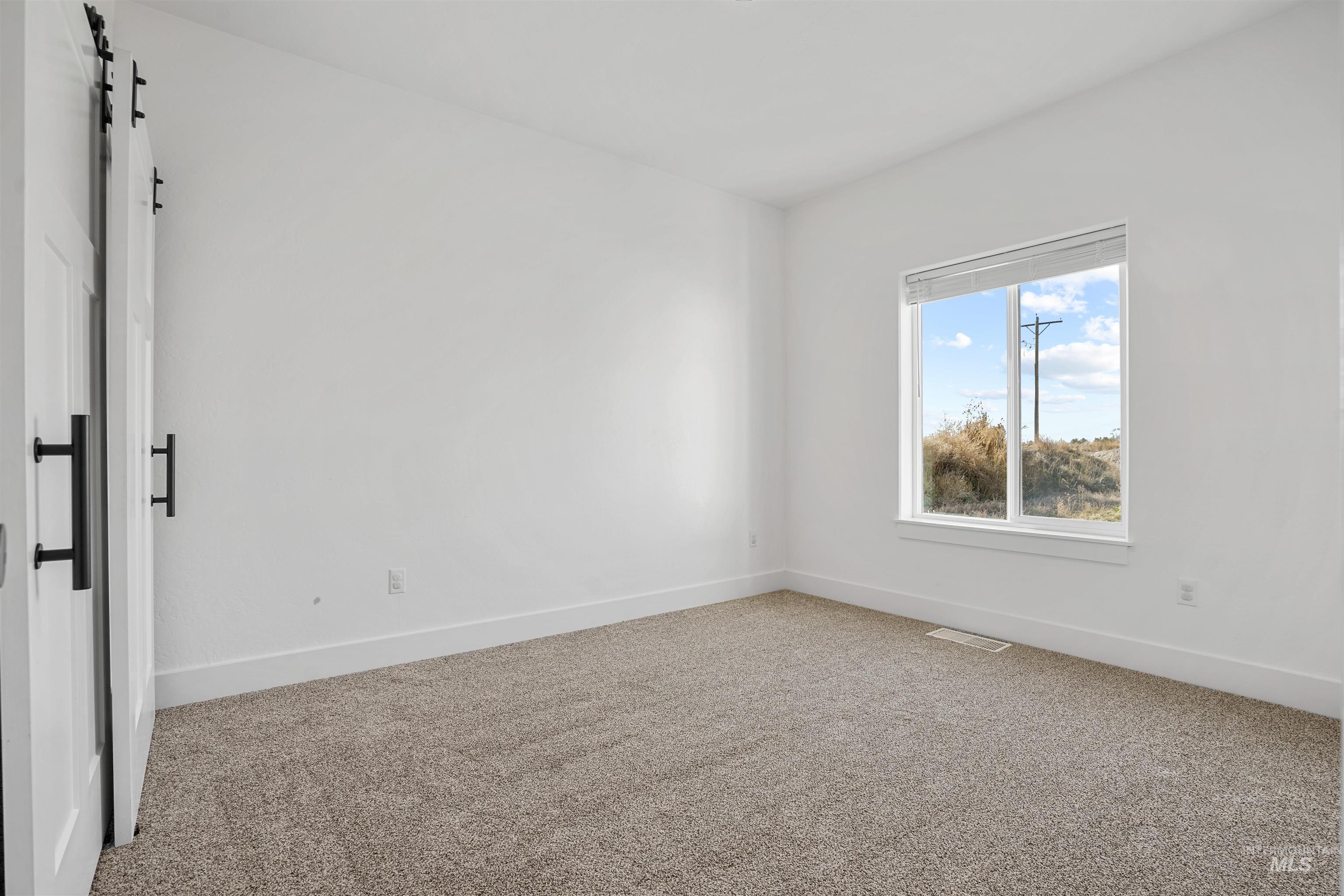 Empty room featuring a barn door and light carpet
