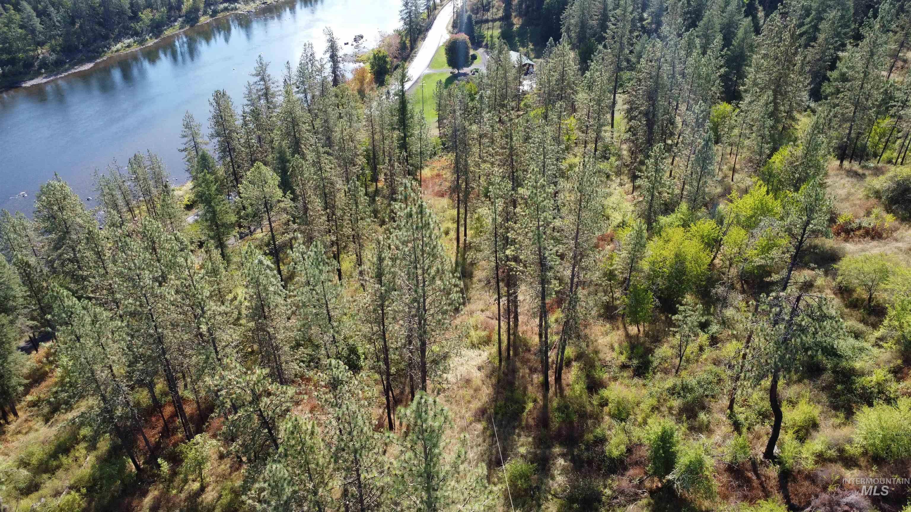 Aerial view of property and surrounding area with a large body of water and a forest